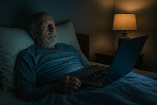 man-retiree-sleeps-laptop-updates